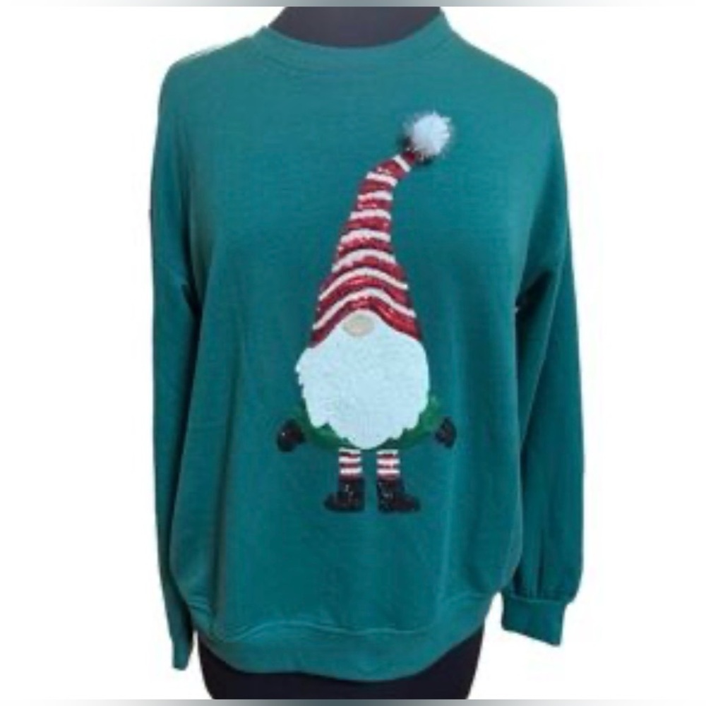 Workshop Christmas Gnome Sweatshirt L Green Festive Holiday Sequin